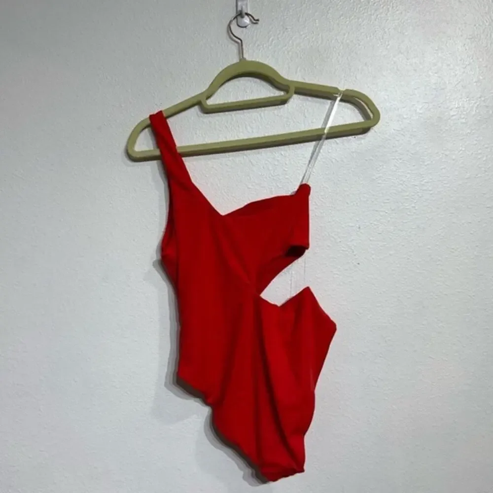 Aqua Red One Shoulder Cut Out One Piece Swimsuit Sz XL NWT